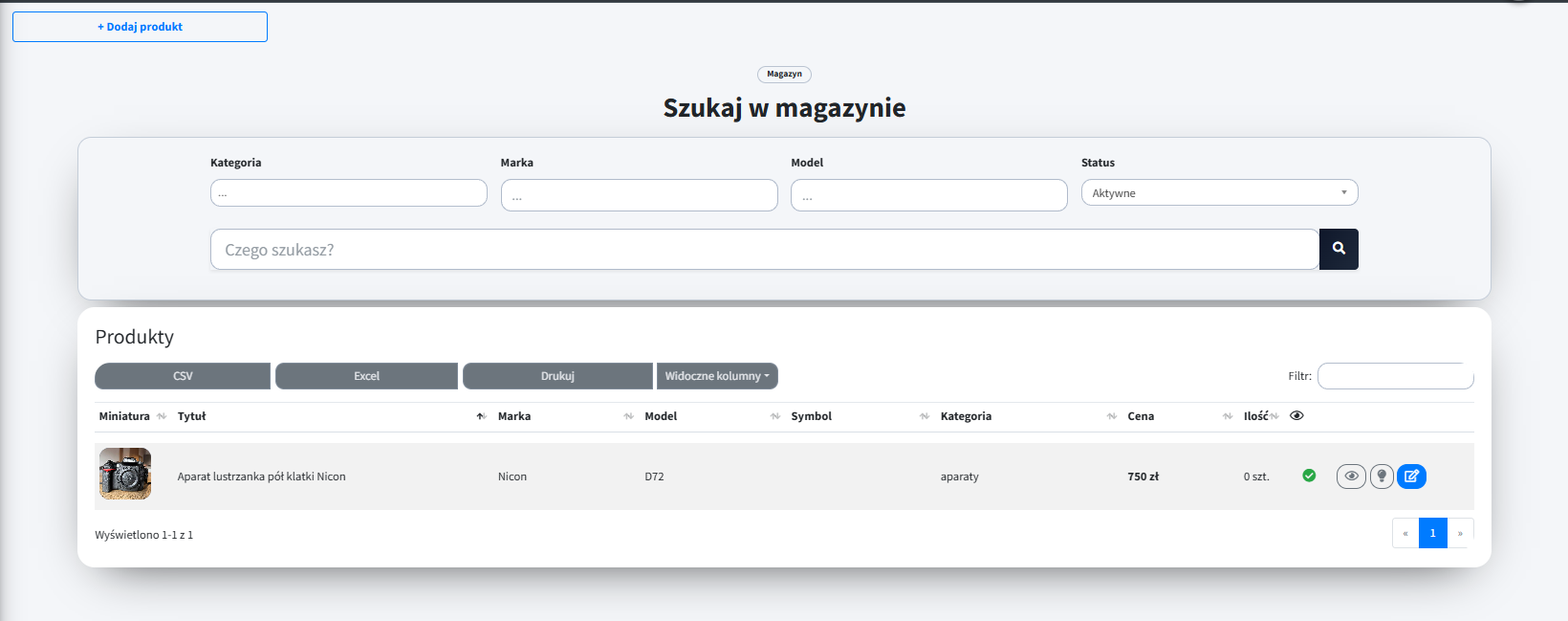 Widok magazynu z produktami i lokalizacjami w ServiceManago